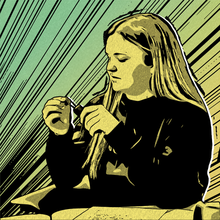 Hand-drawn girl with a health tool, drawn in yellow and black.