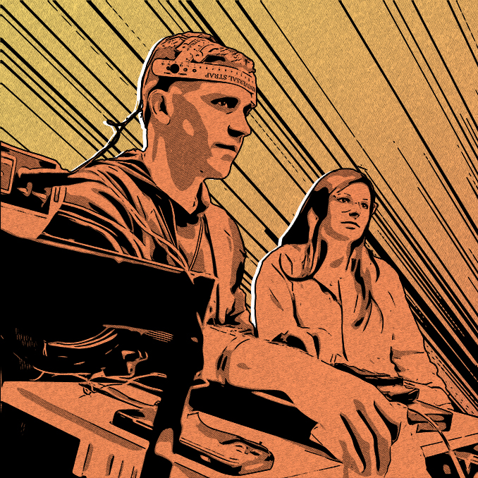 Hand-drawn researchers--one with a device attached to his head as the other watches.