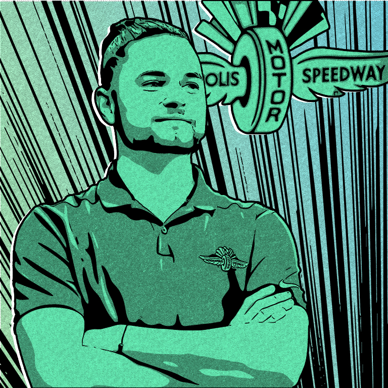Hand-drawn man and Indianapolis Motor Speedway logo in green and black.