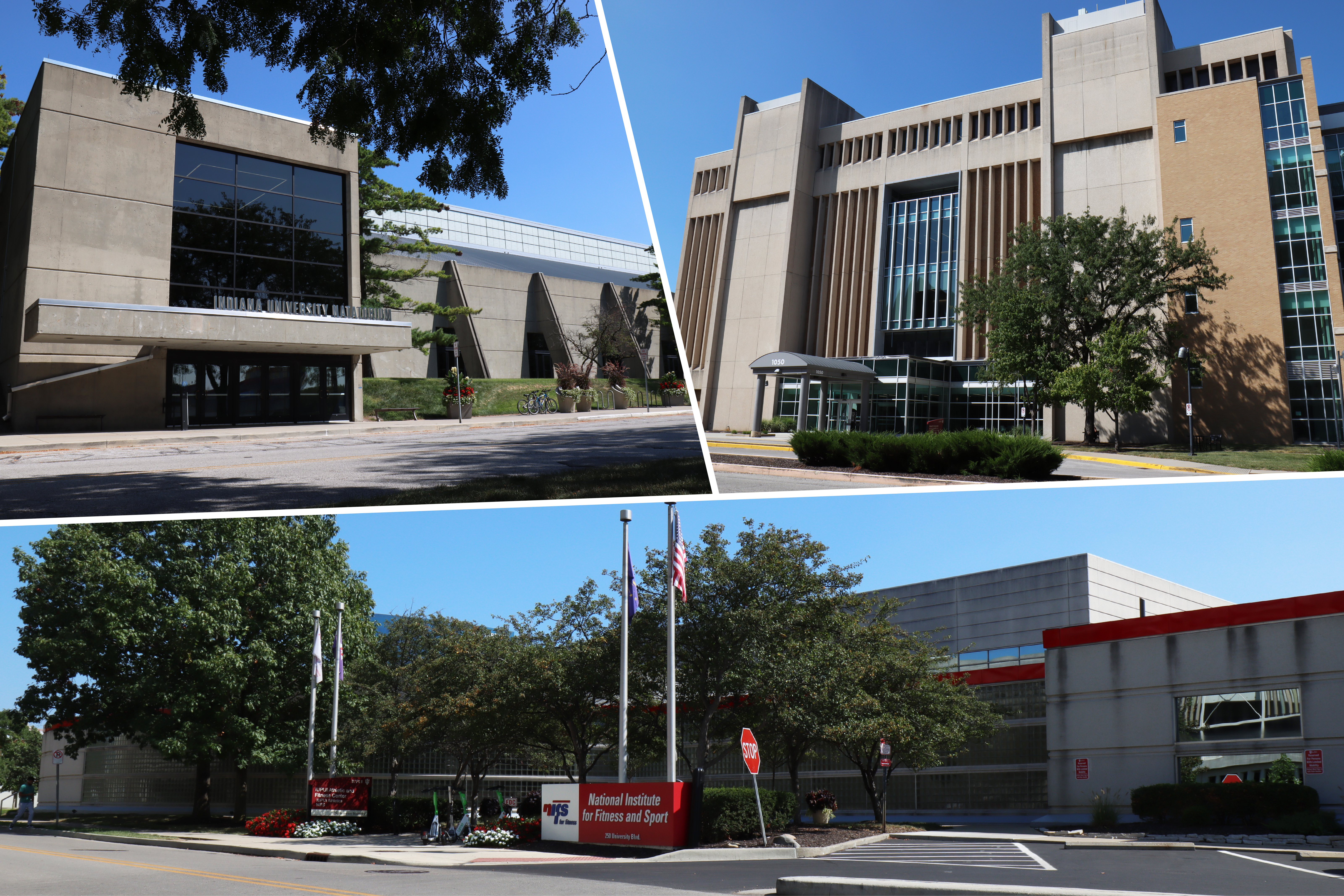 Three total images combined. Top left is the IU Natatorium entrance. Top right is the Health Sciences building. Bottom is the National Institute for Fitness and Sport. 